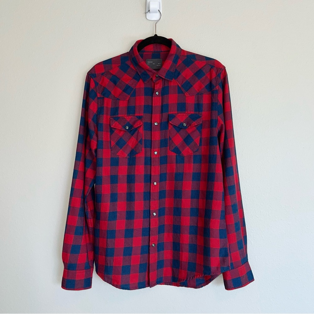 Zara Man Plaid Button Down Flannel Shirt Long Sleeves Regular Fit Red Sz M NWOT